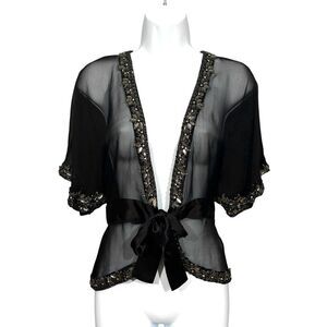 Vintage Joolay 90s Y2K Womens Sheer Silk Tie-Front Top Jewel Trim Fairy Size L